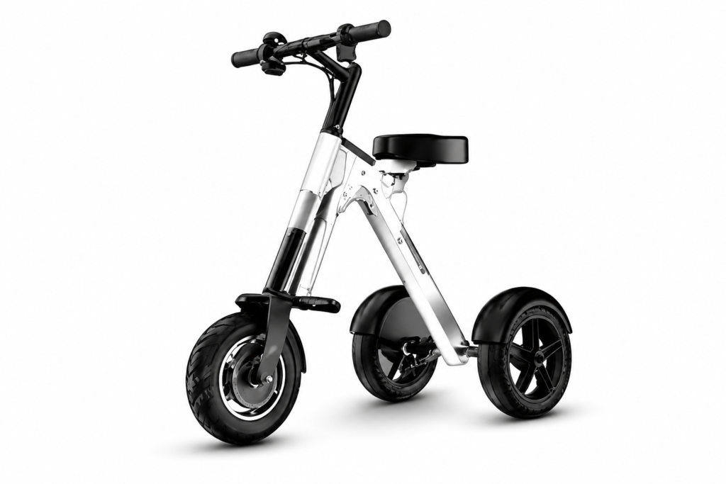 Compact electric tricycle in white studio
