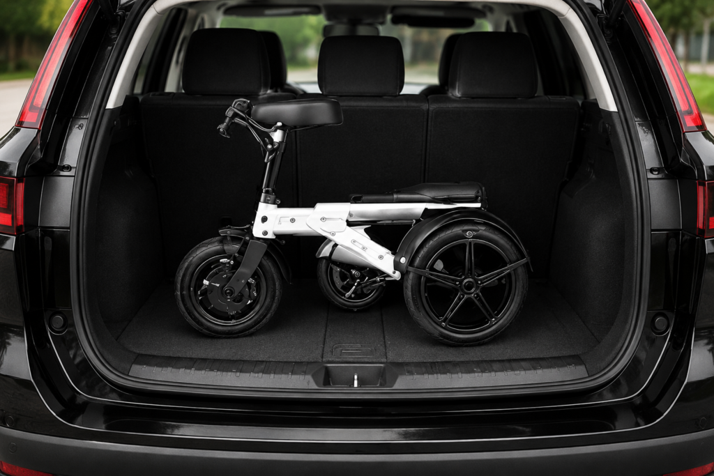 Compact scooter in SUV cargo space